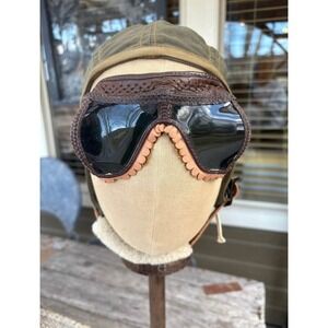 WWII USAAF A-9 Summer Flying Helmet‎ Small + 1944 Aviator Leather Goggles Type 3